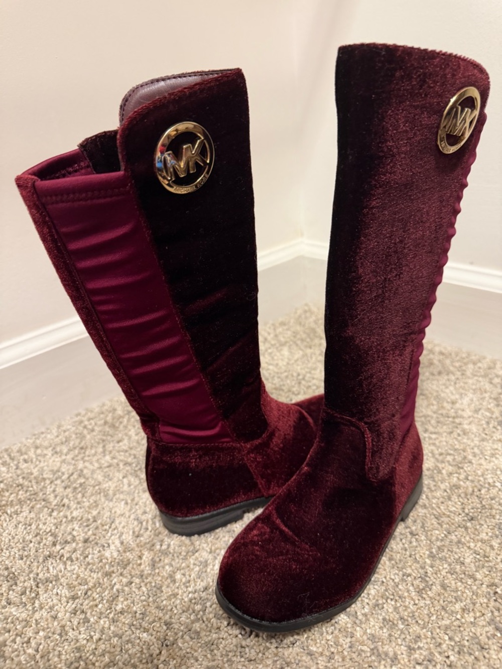 Michael Kors Wine Velvet Knee-High Boots with Gold MK Emblem